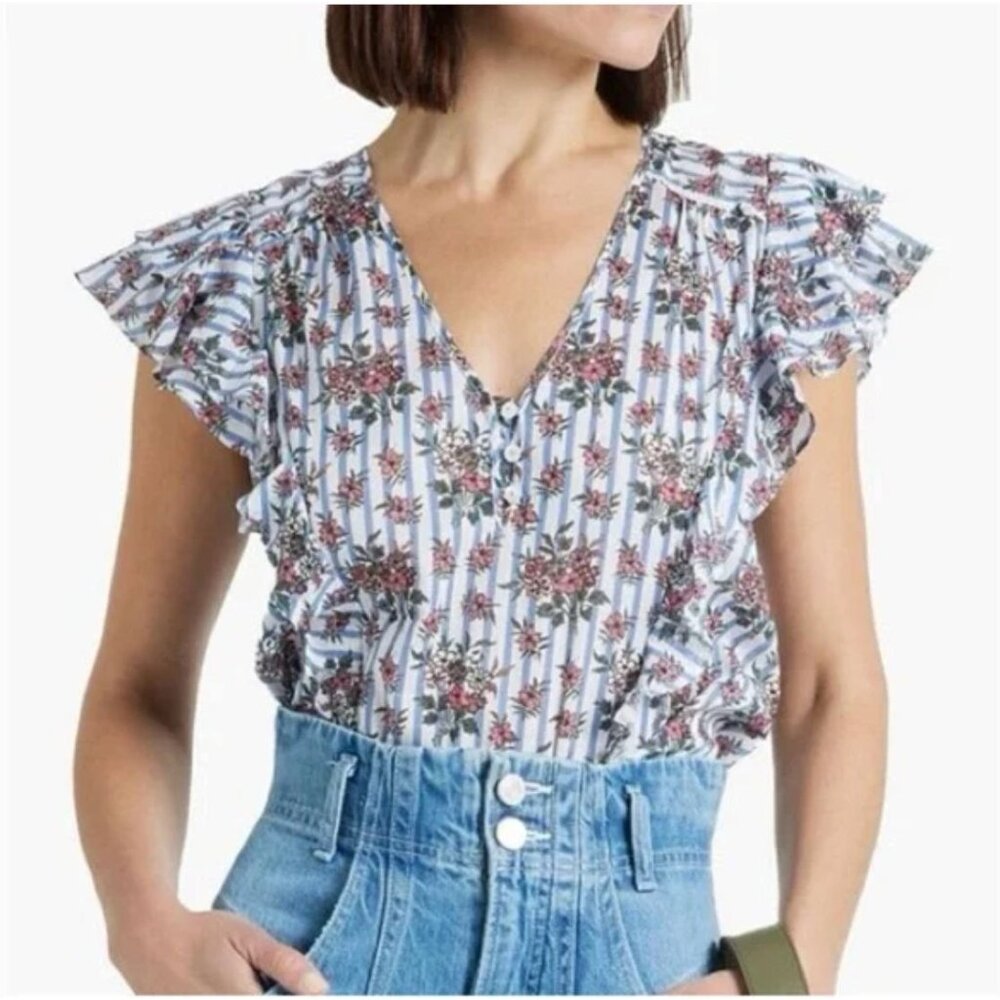 Veronica Beard Joi Flutter Ruffle Top Blouse Flirty Feminine Floral Striped 4